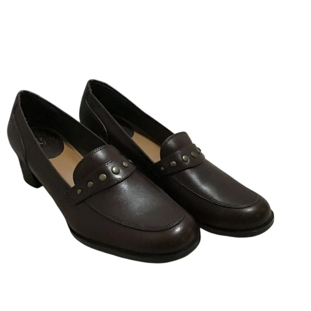 LifeStride League Brown Leather Studded Block Heel Loafers Shoes‎ Womens 7.5 M